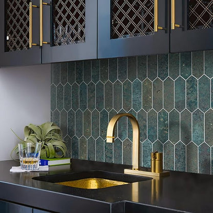 SUNWINGS Backsplash Tile for Kitchen Peel and Stick, Stone Composite Self Adhesive Tiles Faux Marble Pattern Long Hexagon Mosaic Wall Tile for Kitchen, 12 Inch x 11.22 Inch 10 Sheets Green