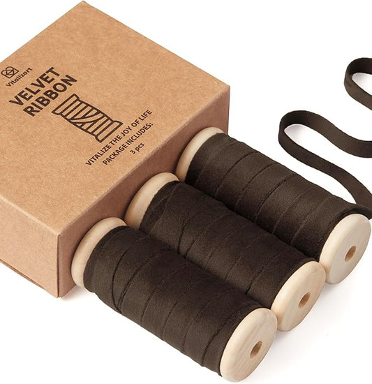 Vitalizart Brown Velvet Ribbon Set 3/8" x 15 Yd Wooden Spool Fabric Trim 3 Rolls * 5 Yd for Christmas Wreath Decoration Handmade Craft Ornaments Gift Wrapping & Bow Making