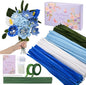 400 Pcs Pipe Cleaners Craft Set, 4 Assorted Blue Pipe Cleaners Bulk, Chenille Stems for DIY Flower Making Kit with Floral Stems, Gardening Tape, Pearl, Ribbon for DIY Bouquet Gift (Blue)