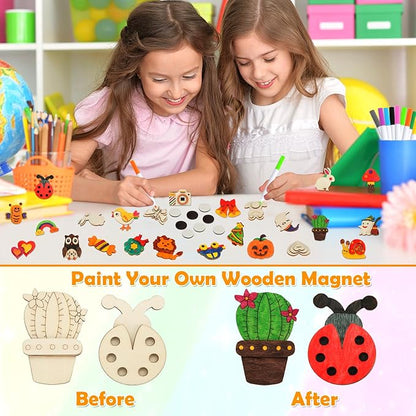 Worgree 48 Pcs DIY Wooden Magnets, Wooden Art Craft Supplies Painting Kit for Kids Ages 4-8 8-12 Glow in The Dark Party Favors Goodie Bag Stuffers Birthday Gifts Toys for Boys Girls