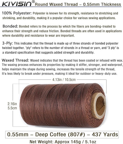 Sturdy Bonded Waxed Polyester Thread, 0.55mm, 437 Yards Wax String Cord - Deep Coffee for Leather, Hand Sewing, Stitching, Bookbinding, Beading, Bracelets and Macrame Jewelry Making