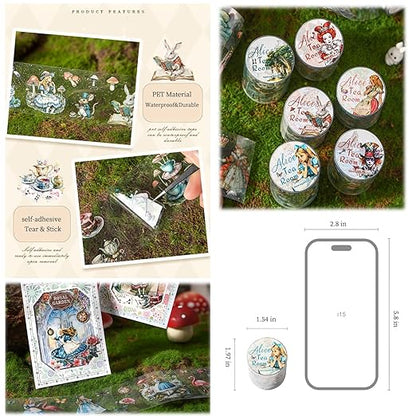 6 Rolls PET Tape Stickers for Journaling,Alice Fairy Washi Tape Stickers for Scrapbooking Supplies,Junk Journal,Phone Case,Photo Frame,Calendar,Cups(Spring)