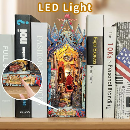 DIY Book Nook Kit,Dollhouse Booknook Bookshelf Insert Decor,3D Wooden Puzzles with LED Dust Cover,Book Nook Miniature Kit,Birthday Halloween Home Decor for Teens Adult-Moonlight Castle