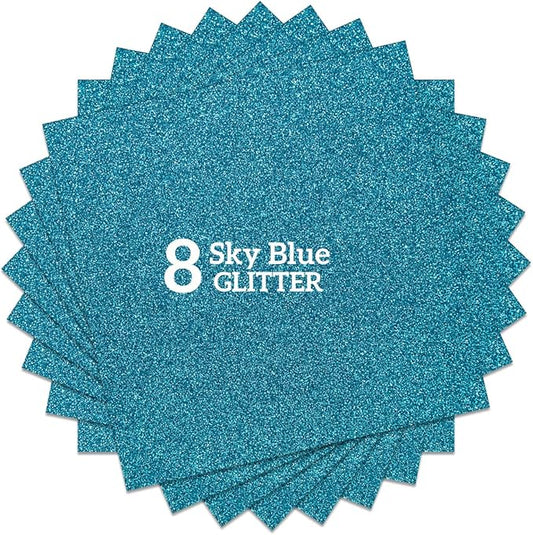 Sky Blue Glitter HTV Heat Transfer Vinyl Bundle 8 sheets-12 x12 Iron on Vinyl for T Shirts Hats Clothing Compatible with Cricut Cameo Heat Press Machine
