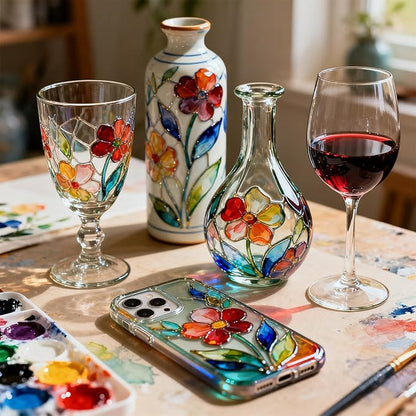 Magicdo Glass Paint Stained Transparent Glass Window Paint Set Great for Glass Painting, Wine Glasses, Light Bulbs, Ceramic, Non-Toxic, Waterproof, Halloween Art Decor(12 Colors x 12ml with Palette)
