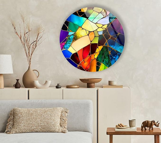 My Photostation.com 15.8''(40cm) Diameter Multicolor Round Stained Glass Wall Art Vibrant Mosaic Abstract Panel Tempered Glass Printing Wall Decor Large Wall Art Wall Hangings
