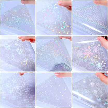Teling 90 Sheets Holographic Sticker Paper Transparent A4 Vinyl Holographic Sticker Laminate Sheets Clear Overlay Lamination Film Paper Self Adhesive Waterproof with Gem Spot Rainbow Star Pattern