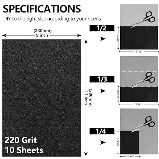 220 Grit Sandpaper, 9 x 11 Inch Wet Dry Sand Paper Hand Abrasive Sanding Sheets for Wood Metal Automotive Sanding and Polishing - 10 Sheets