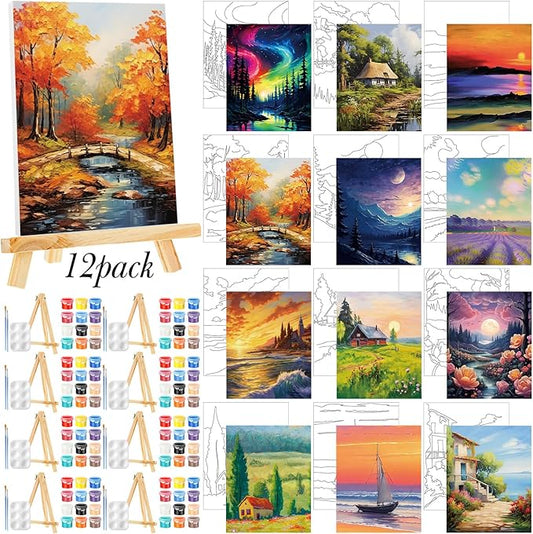 Zhanmai 12 Pack Pre Drawn Canvas for Painting Sip and Paint Kit 8" x 10" Paint Party Set Canvas Painting Pre Printed Canvases for Party Favor DIY Virtual Adult's Date Night(Natural Scenery)