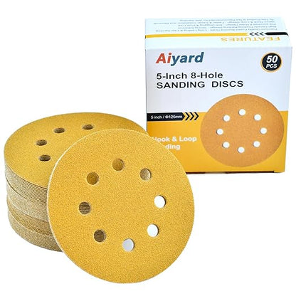 5-Inch 8-Hole Hook and Loop Sanding Discs 100-Grit Random Orbit Sandpaper, 50-Pack