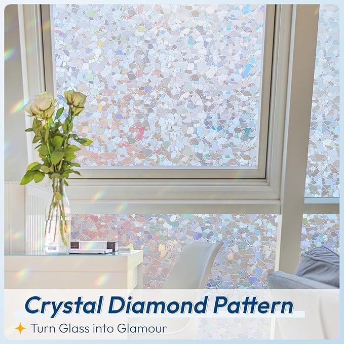 rabbitgoo Rainbow Window Privacy Film Decorative Stained Glass Diamond Pattern Window Sticker with Iridescent Tint Non-Adhesive Static Cling for Home Office Crystal Pattern, 23.6 x 157.4 inch