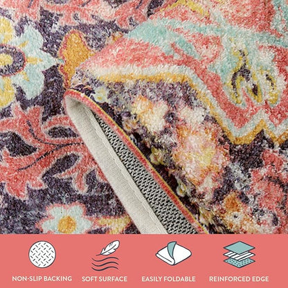 Lahome Bohemian Washable Runner Rugs with Rubber Backing, 2x7 Runners for Hallways, Vintage Floral Soft Non Slip Non-Shedding Faux Wool Stair Carpet Runner for Bathroom Kitchen Laundry, Fuchsia/Multi