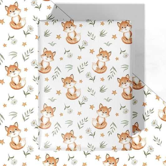 WRAPLULU Fox Wrapping Paper - 4 Jumbo Sheets, 28 * 40 Inches - Woodland Christmas Gift Wrap with Stars Floral and Leave, Perfect for Xmas, Birthdays, Baby Showers, Weddings