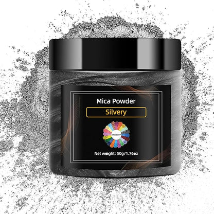 Silvery Mica Powder for Epoxy Resin，Natural Shimmer Mica Powder Used for Coloring car Spray Paint, Candles, soap, Eye Shadow, Lip Gloss, Nail Polish(50g/1.7oz)