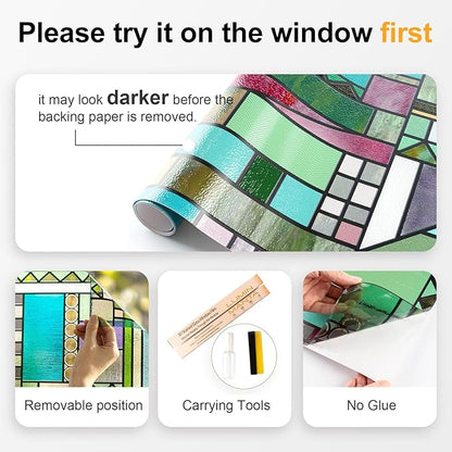 3D Stained Glass Window Privacy Film, Heat Control UV Blocking Static Cling Decorative Window Film for Bathroom,Front Door,Home Non Adhesive,Colorblock 35.4 x 78.7 inches