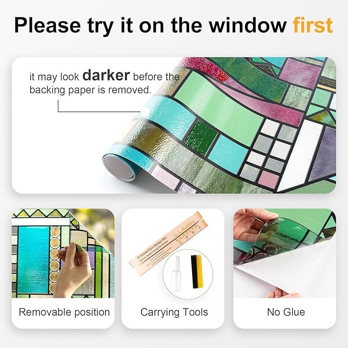 3D Stained Glass Window Privacy Film, Heat Control UV Blocking Static Cling Decorative Window Film for Bathroom,Front Door,Home Non Adhesive 16.9 x 39.3 inches Colorful Abstraction