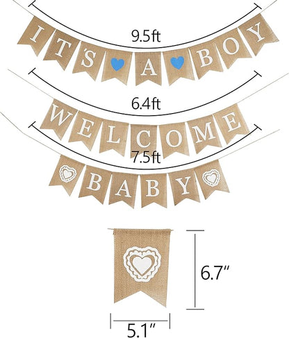 MEEDEE Welcome Baby Banner - It's A Boy Burlap Shower Decorations, Rustic Hanging Bunting for Safari Theme, 3 Pieces