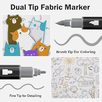 Dual-Tip Fabric Markers Permanent for Clothes No Bleed, Quick Dry & Non-Toxic Fabric Paint Pens Set for Canvas, T-Shirts, Bags, Textile, 5 Pack