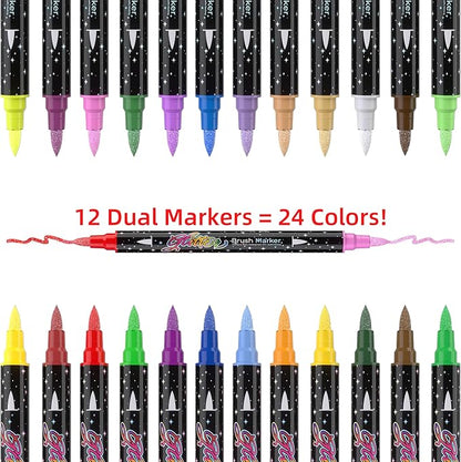 24 Colors Dual-tip Watercolor Markers, 12 Pack Glitter Brush Markers, Water-based Ink Sparkle Pen,Glitter Paint Pens for Adults Coloring,DIY Crafts,Doodle Writing, Art Crafts Gifts