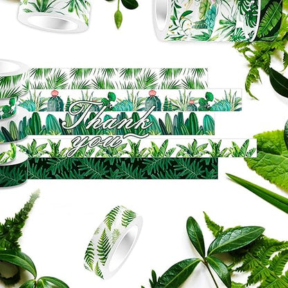 12 Rolls Greenery Washi Tape Set, Summer Tropical Leaves Masking Tape, Green Plants Cactus Succulents Decorative Tape Sticker for Scrapbook Journal DIY Craft Gift Wrapping 16.4FT