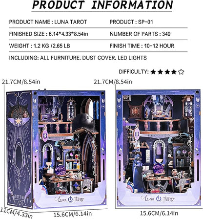 DIY Booknook Kit,3D Wooden Puzzle Miniature Book Nook Kit Insert Decor with LED Light and Dust Cover for Adults and Teens，Gifts for Family, Friends（Luna Tarot）