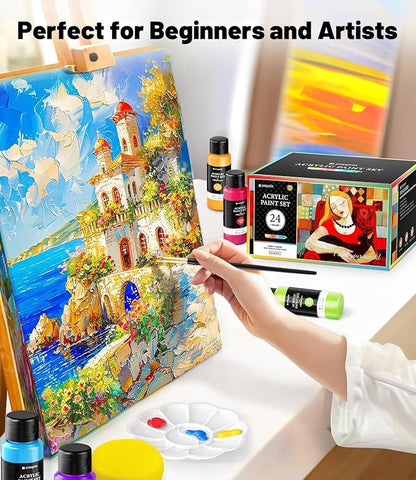 40 PCS Acrylic Paint Set with 12 Brushes, 2 Knives & Palette, 24 Colors (2oz/60ml) Art Craft Paint for Adults Kids Artists Beginners, Halloween Pumpkin Canvas Ceramic Rock Painting Kit