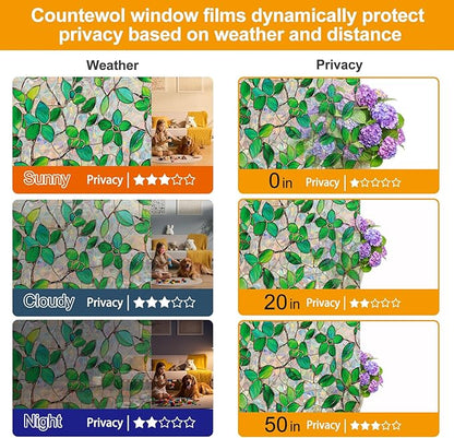Window Privacy Film Stain Glass Window Film Rainbow Window Film Window clings Non-Adhesive Reusable Decorative for Room (Greenery Leaf, 35.4 x 157.4 in)