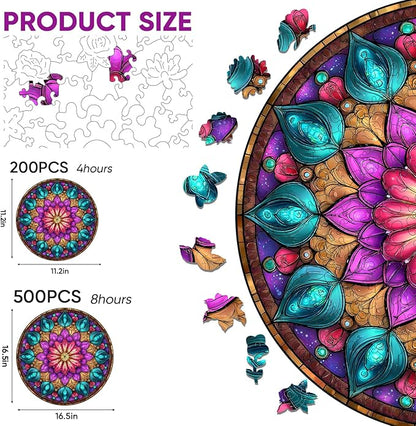 Wooden Puzzles for Adults, Mandala Puzzles 500 Pieces, Unique Shaped Jigsaw Puzzles for Adults and Kids, Birthday Gifts Fun Challenge Family Game 16.5'' x 16.5''
