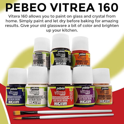 Pebeo Vitrea 160 Glass Paint - Transparent Colour Glossy and Brilliant - Made in France - DIY Craft Paint for Stained Glass and More - Set of 8 Colors Bundled Application Brushes