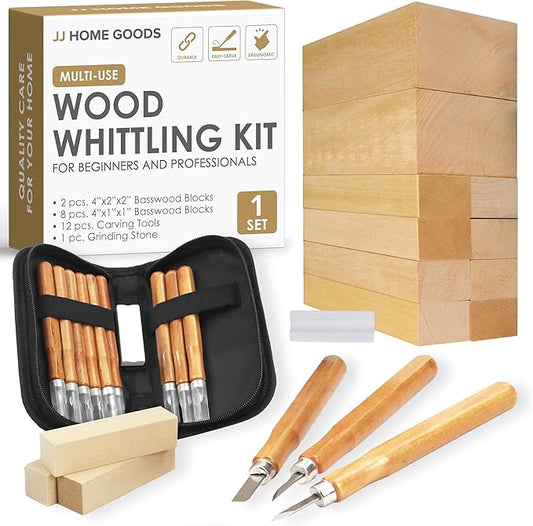 JJ CARE Wood Carving Kit [12 SK2 Wood Carving Knives with Case, 10 Basswood Carving Blocks, and 1 Grinding Stone] - Beginner Wood Carving Kit, Wood Carving Tools Set, Wood Carving Set for Kids