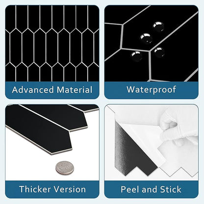 SUNWINGS Backsplash Tile for Kitchen Peel and Stick, Stone Composite Self Adhesive Tiles Long Hexagon Mosaic Wall Tile for Kitchen, 12 Inch x 11.22 Inch 10 Sheets Black Matte