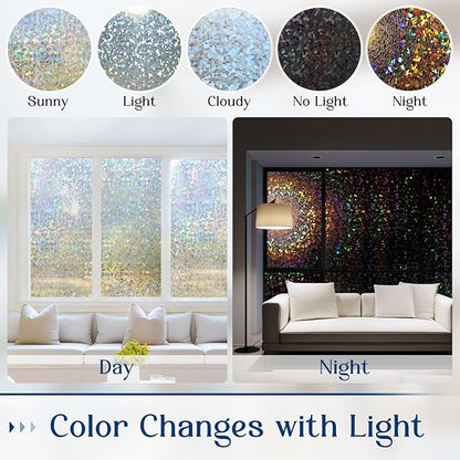 Haton Window Privacy Film, Rainbow Stained Glass Window Clings, 3D Decorative UV Sun Blocking Sticker, Removable Static Cling Heat Control Tint for Home Door, 17.5" x 157.4" Non-Adhesive