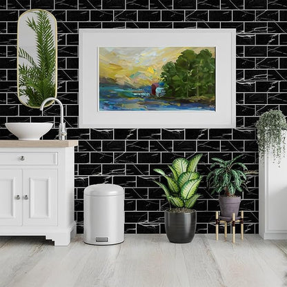 100 Pieces Peel and Stick Backsplash for Kitchen, 3" x 6" PVC Subway Tile Upgraded Nero Marquina with White Grout Backsplash Stick on Tile Elevate Kitchen, Bathroom, Fireplace,RV