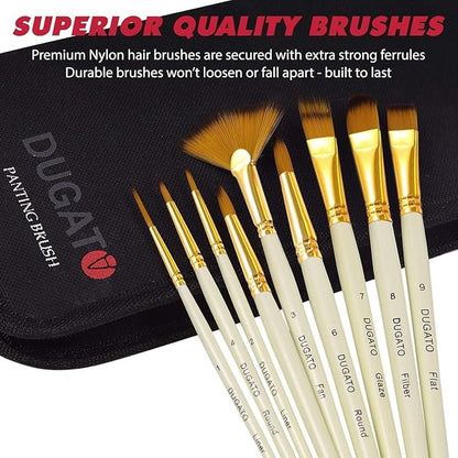 DUGATO 15pc Artist Paint Brush Set with Pop-Up Case, Palette Knife & Sponges - Nylon Hair for Acrylic, Oil, Watercolor, Gouache, Model & Craft Painting