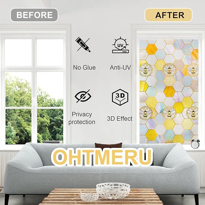 3D Stained Glass Window Privacy Film, Heat Control UV Blocking Static Cling Decorative Window Film for Bathroom,Front Door,Home Non Adhesive, Honey 16.9 x 39.3 inches