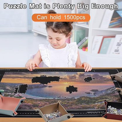 Napzy Rubber Puzzle Mat,Puzzle Matt Rollup,1500 Piece Puzzles Play Mat Has 6PCS Leather Puzzles Sorting Trays,41'' * 25'' Portable Jigsaw Keeper,Jigsaw Saver Board Roll Up with Storage Bag,Gift Box