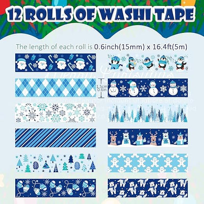 12 Rolls Winter Washi Tape Set Blue White Snowflake Snowman Holiday Masking Tape Xmas Tree Reindeer Penguin Holiday Decorative Tapes for Scrapbook Journal DIY Craft Gift Wrapping Party Decor 16.4FT