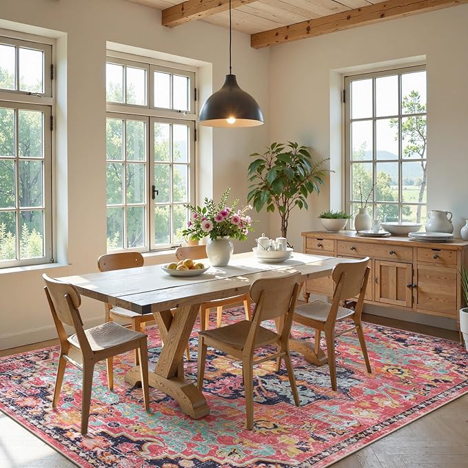 Lahome Area Rugs 9x12 Rugs for Living Room,Large Bedroom Dining Room Rug,Boho Vintage Soft Non-Slip Non-Shedding Low Pile Printed Indoor Carpet for Nursery Kids Home Office(9x12ft,Fuchsia)