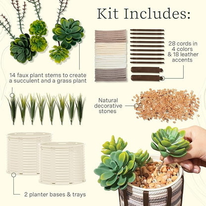 Lifelines FlowCrafts, Cord-Wrapped Planters - Create 2 Unique Planters with Cords in Multi-Colors, Leather Accents, Faux Plant Stems & Decorative Stones - Sensory Arts & Crafts Kit for Teens & Adults