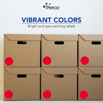 Perco Red 3-Inch Perforated Circle Dot Sticker Labels — 10 Rolls, 5,000 Round Stickers — with Permanent Adhesive for Moving Boxes, Sale Signage, Displays, Status Messaging—Made in USA