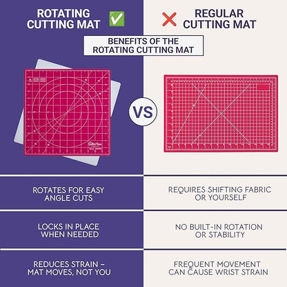 The Quilted Bear Rotating Cutting Mat 12" x 12" - Locking & Rotating Self Healing Cutting Board for Sewing, Fabric & Quilting - 360 Degree Sewing Supplies Mat for Craft Table (Pink)