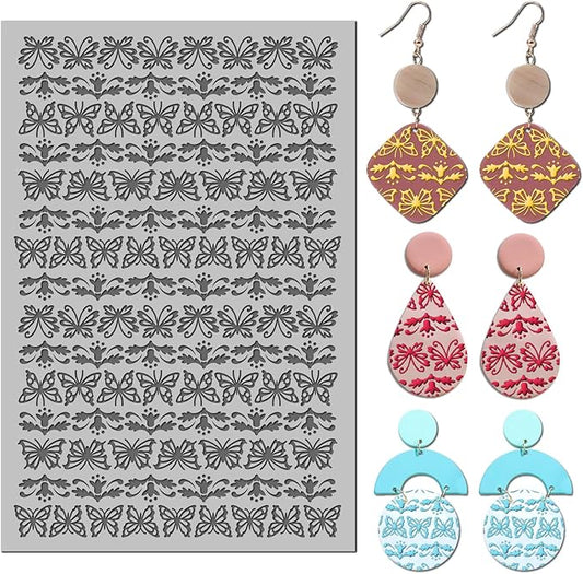 Arbuya Butterflies Polymer Clay Texture Mat - Butterfly Borders Texture Sheet for Polymer Clay Jewelry Making, Earring Charms, DIY Craft Supplies