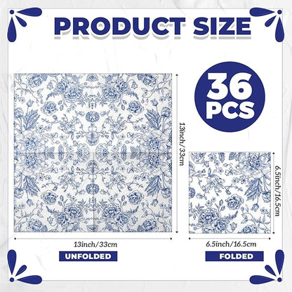 Crtiin 36 Pack 9 Styles Decoupage Napkins Assorted Floral Decorative Decoupage Napkins Chinoiserie Cocktail Paper for DIY Crafting Birthday Party, Each Unfolded 13 Inch(Blue Floral)