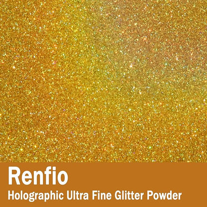 Renfio Holographic Ultra Fine Glitter Powder Metallic Resin Glitter 2.11 Oz (60g) PET Flakes Crafts Sequins 1/128" 0.008" 0.2mm Epoxy Chips Flakes for Tumblers Slime - Laser Gold