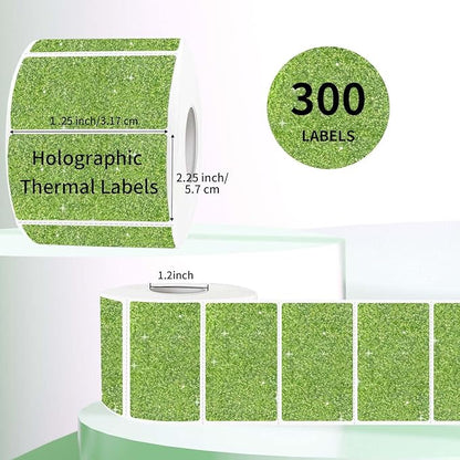 2.25"x1.25" Holographic Thermal Labels Stickers, Glitter Direct Thermal Printer Labels, Waterproof Self-Adhesive Address Shipping Label Stickers, 300 Sheet/ 1 Roll, Holographic Shiny Green