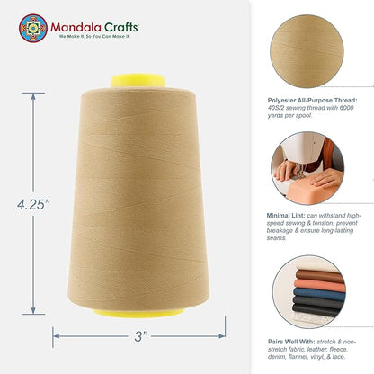 Mandala Crafts 4 Pack of Serger Threads Cones Spools - 40S/2 24000 Yards Polyester Khaki Threads for Sergers Machine and Overlock Quilting Sewing Machine