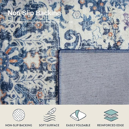 Lahome Bohemian Floral Medallion Area Rug - 4x6 Blue Washable Living Room Rug Soft Bedroom Mat, Non Slip Indoor Floor Carpet for Foyer Entryway Classroom Sunroom Bathroom