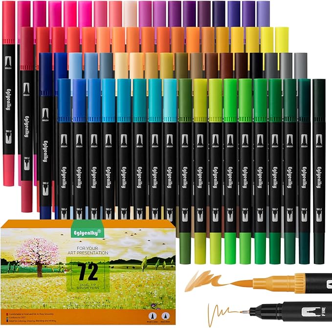 72 Dual Tip Brush Pens, Adult Coloring Markers with Fine and Brush Tip for Kid Adult Artist Drawing Journaling Lettering Calligraphy