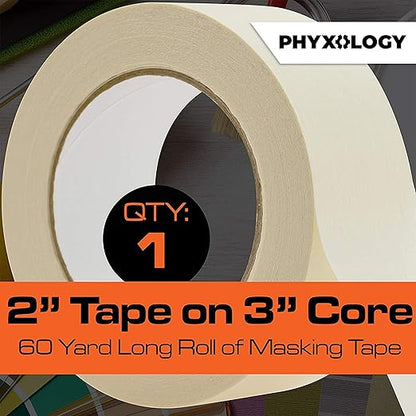 No-Residue 2 Inch 60 Yard Masking Tape 1 Pk. Easy-Tear Pro-Grade Removable Painters Tape Great for Home, Office or Commercial Contractor. Clean Drip-Free Painting with Wide Crepe Paper Rolls.