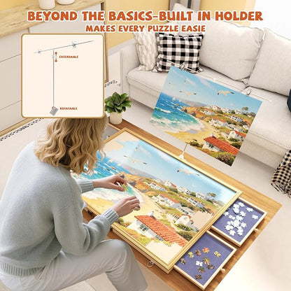 1500 Pcs Adjustable Jigsaw Puzzle Board with Drawers and Cover, 33.3"x24.3" Rotating Puzzle Table with Lazy Susan, Frame for Wall Art Display